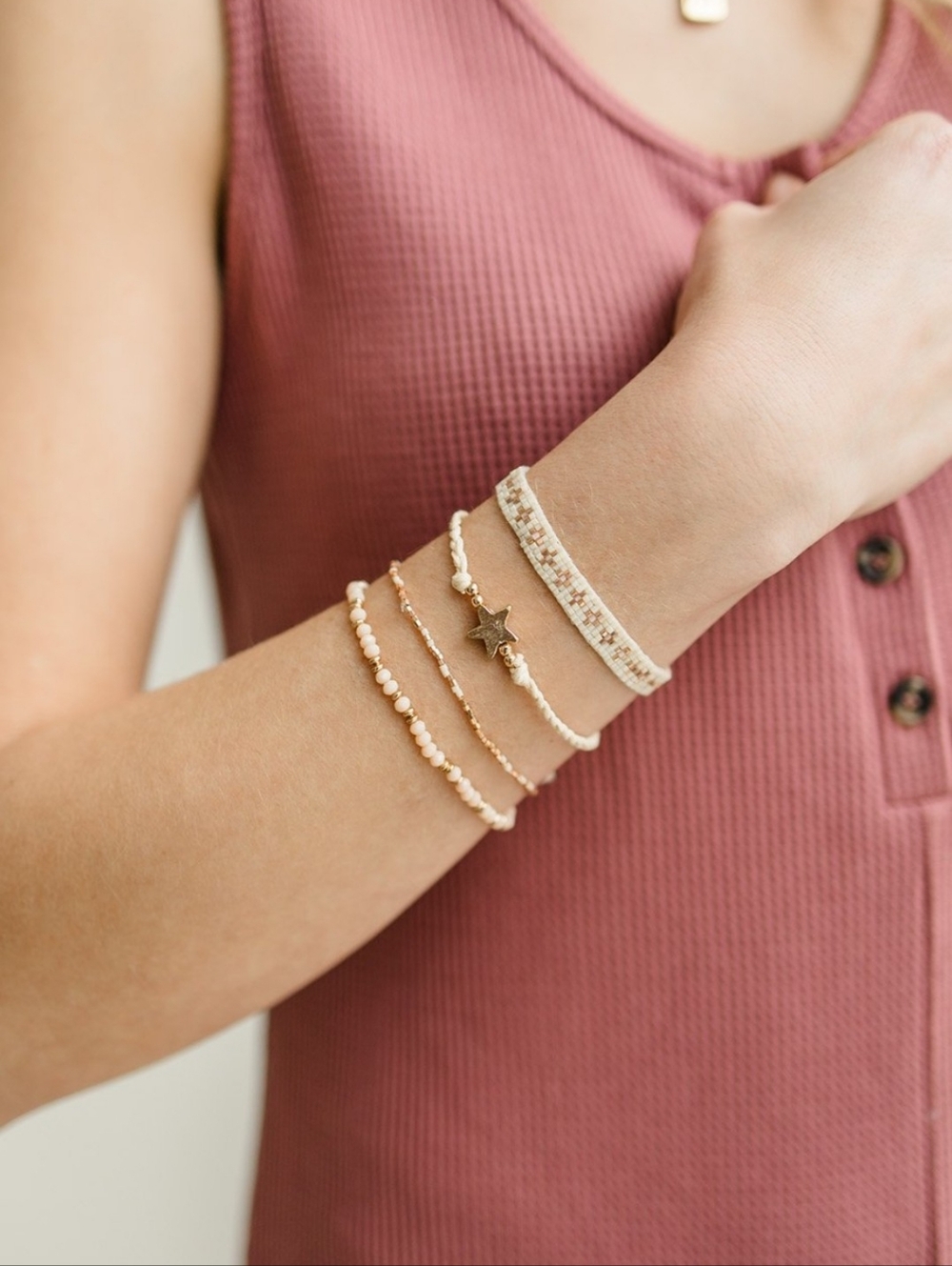 Feminine Bohemian Beaded Bracelet Set Of 4 Cream and Gold New Sweet Serene